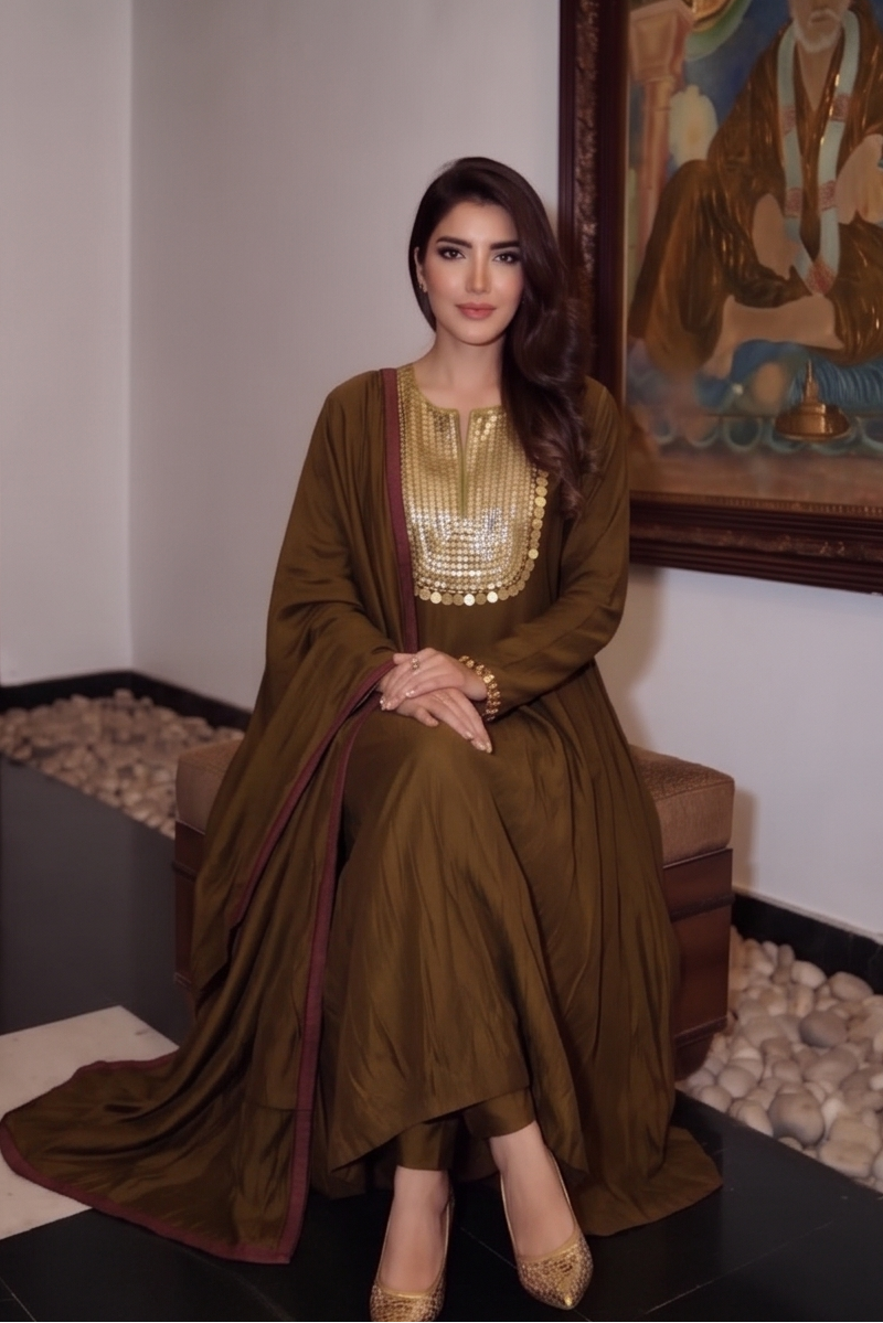 Espresso Brown Embellished Crepe Silk Anarkali Set