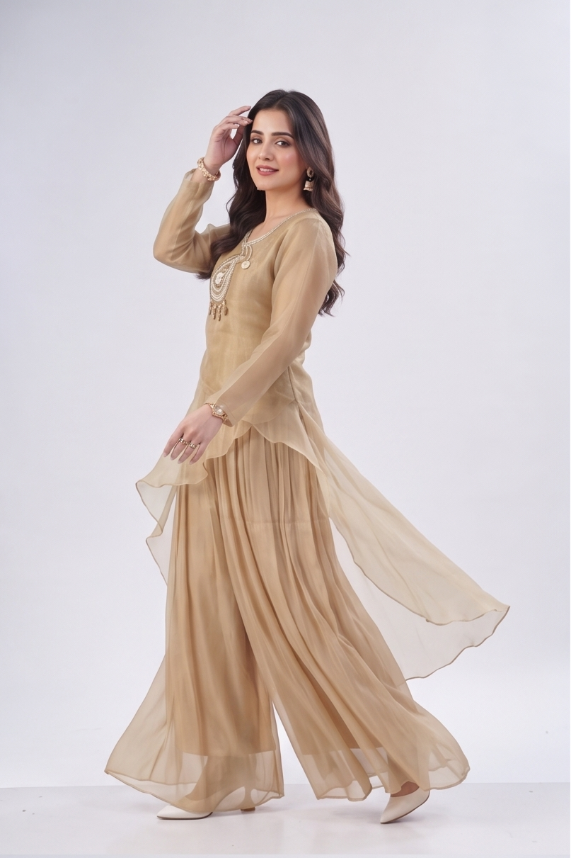 Blush Gold Embellished Shimmer Organza Silk Palazzo Set