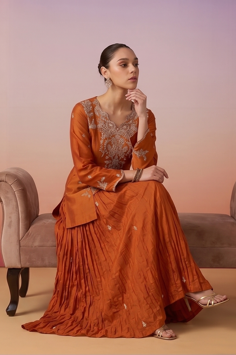 Soft Tangerine Embellished Crepe Silk Skirt Set