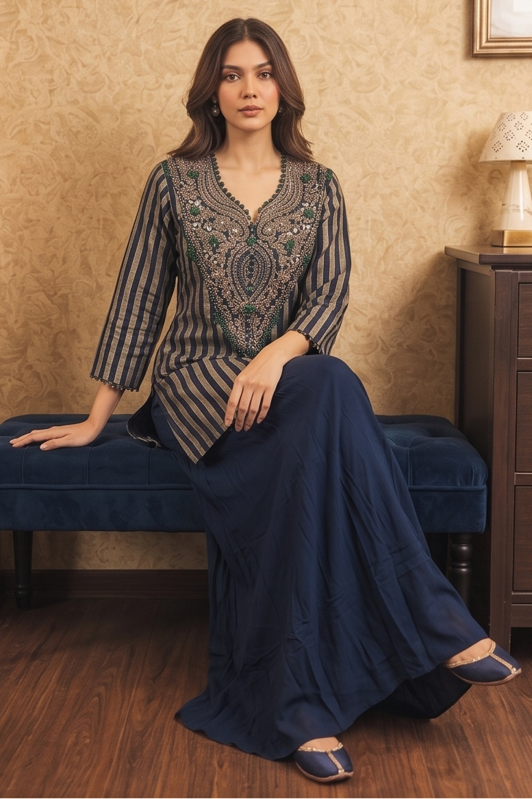Dark Navy Embellished Crepe Silk Co-Ord Set