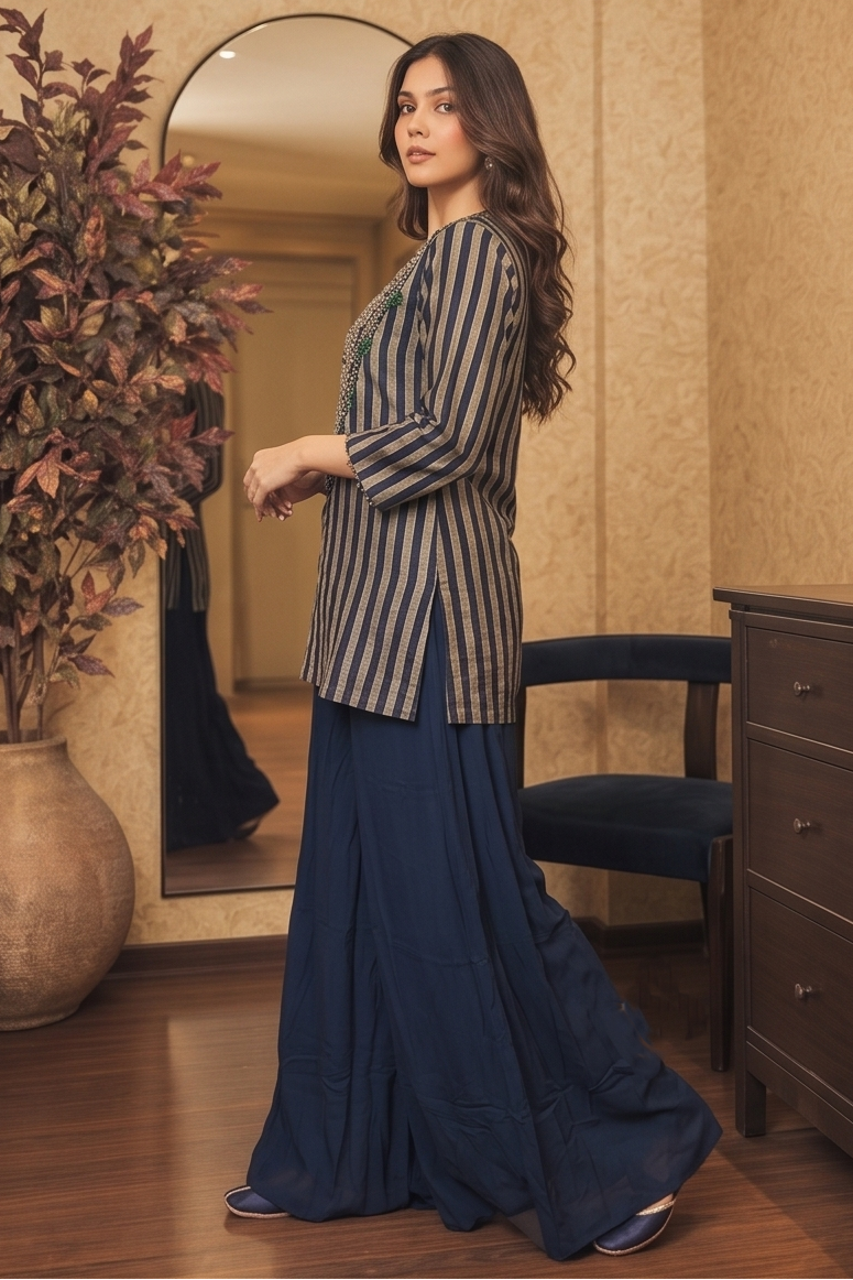 Dark Navy Embellished Crepe Silk Co-Ord Set