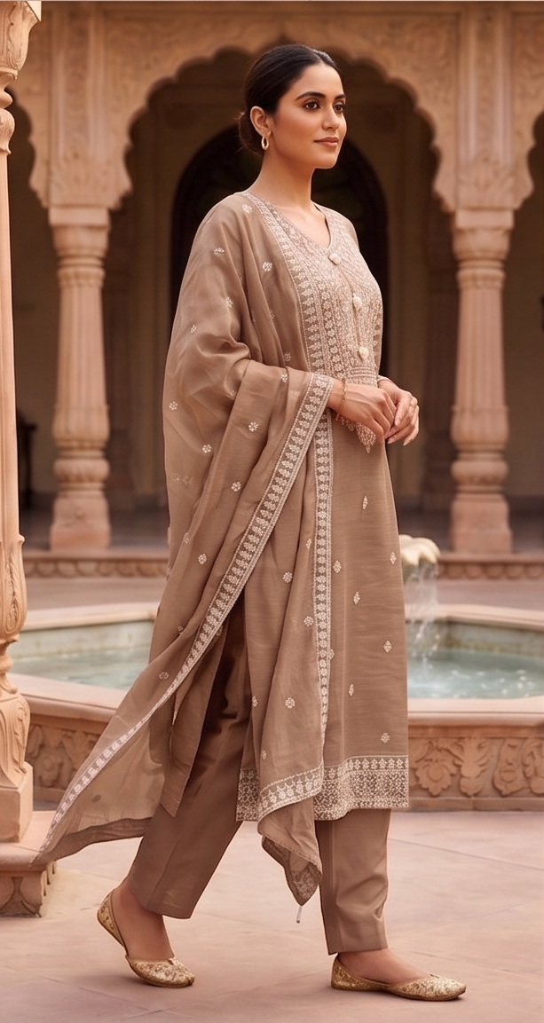 Taupe Embroidered Mul-Chanderi Silk Pant Set