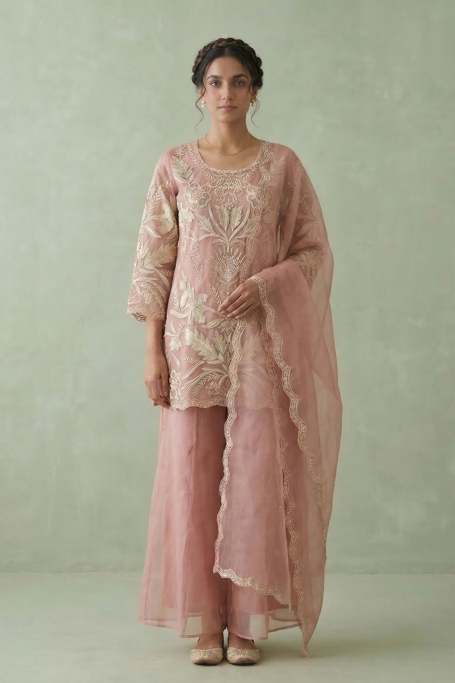 Old Rose Floral Embroidered Organza Silk Sharara Set