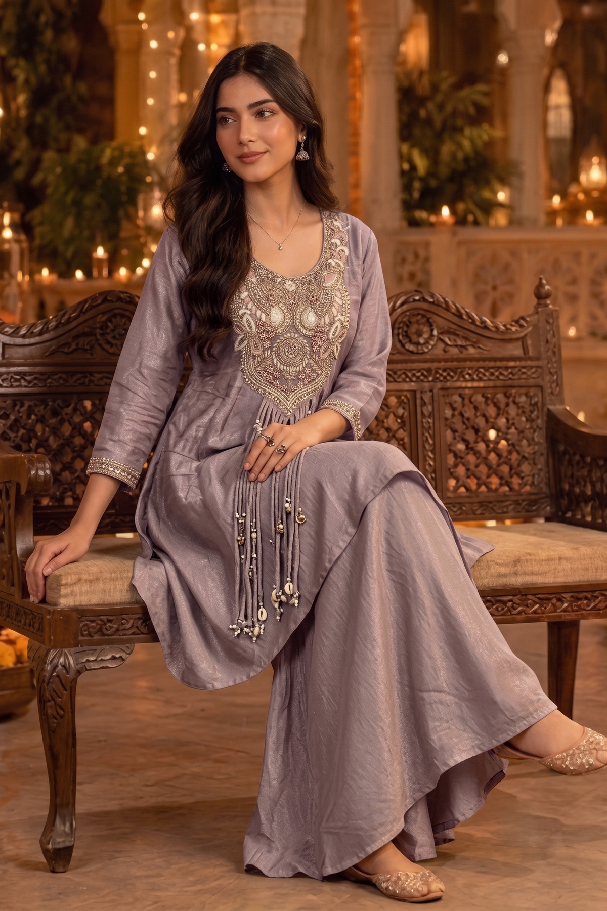 Lavender Grey Embellished Shimmer Silk Palazzo Set