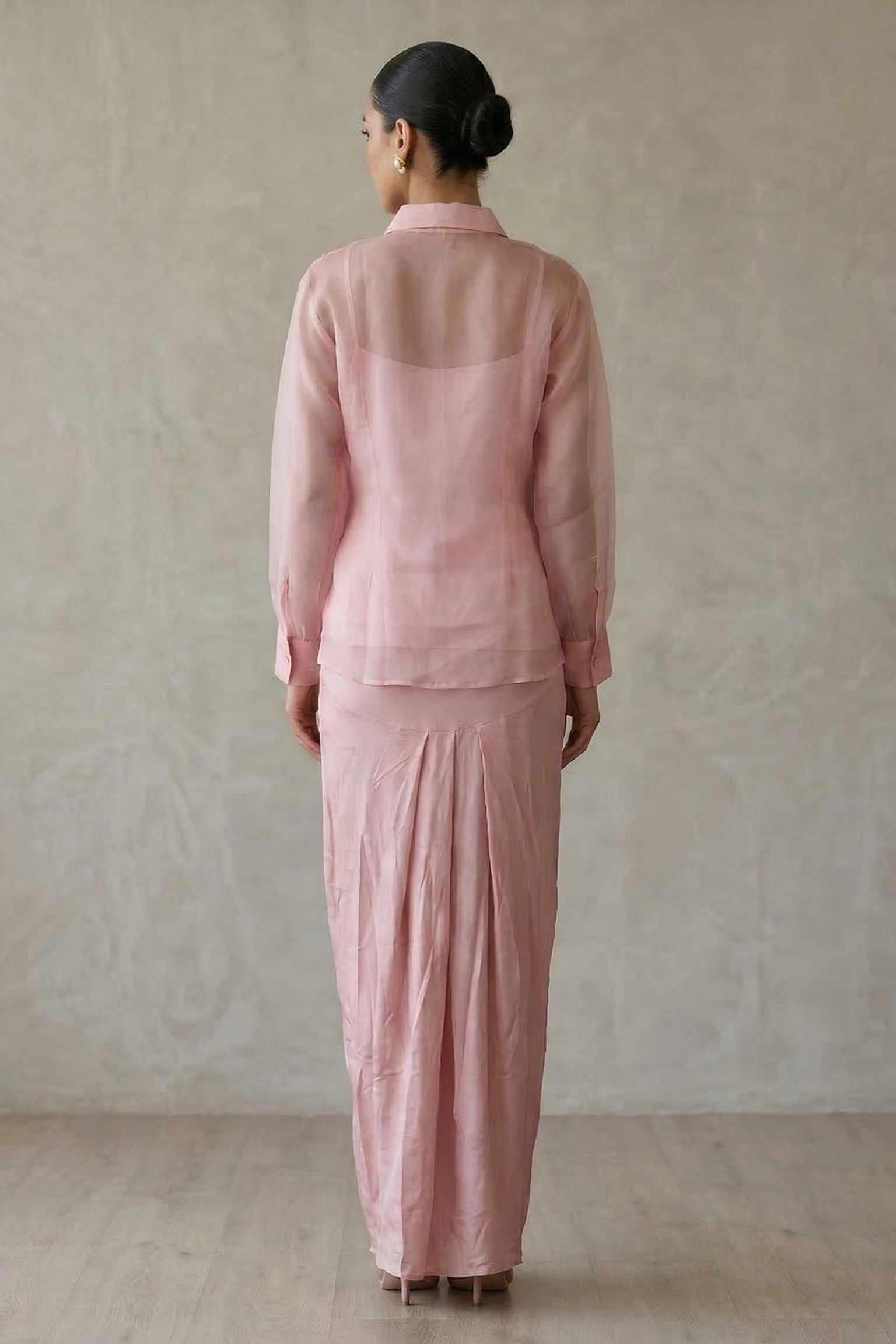 Blush Pink Embellished Organza Silk Jacket Skirt Set