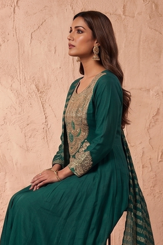 Emerald Green Embellished Chinon Silk Anarkali Set