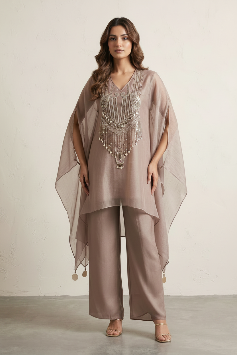 Dusty Taupe Embellished Tissue Silk Kaftan Dhoti Set