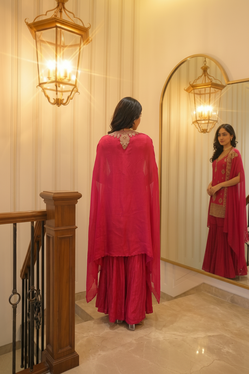 Ruby Pink Embellished Raw Silk Sharara Set