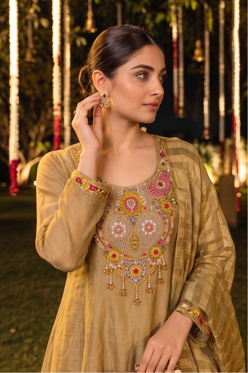 Metallic Gold Embellished Shimmer Silk Palazzo Set
