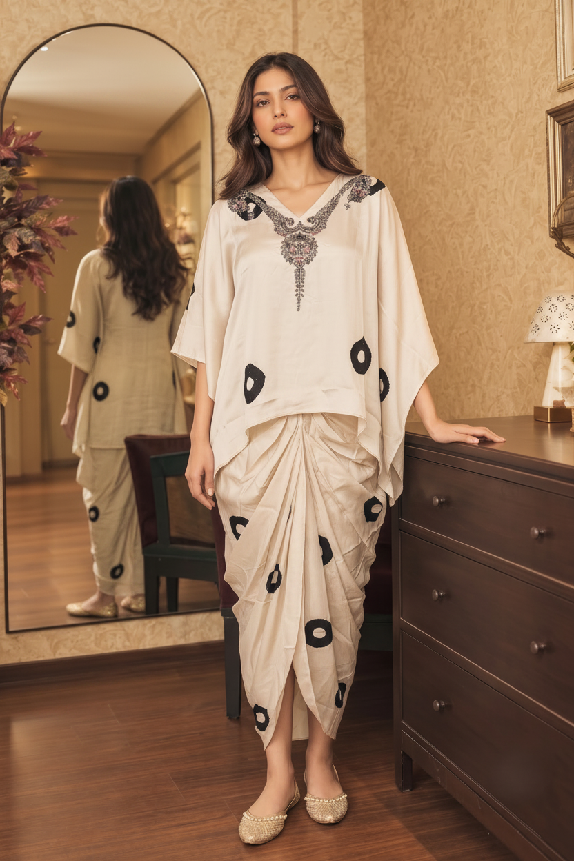 Ivory Beige Embellished Crepe Silk Skirt Set