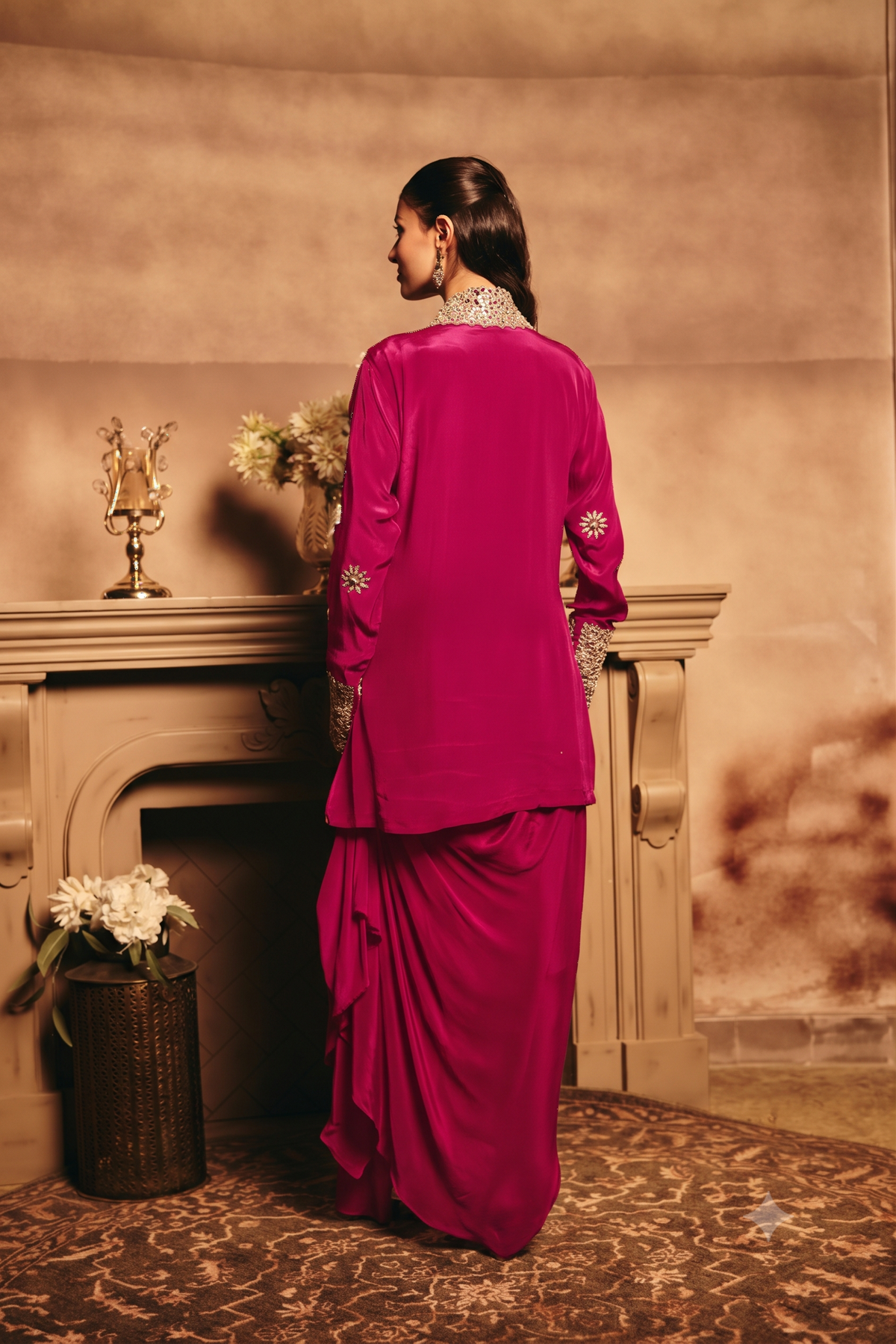 Magenta Pink Embellished Crepe Silk Skirt Set