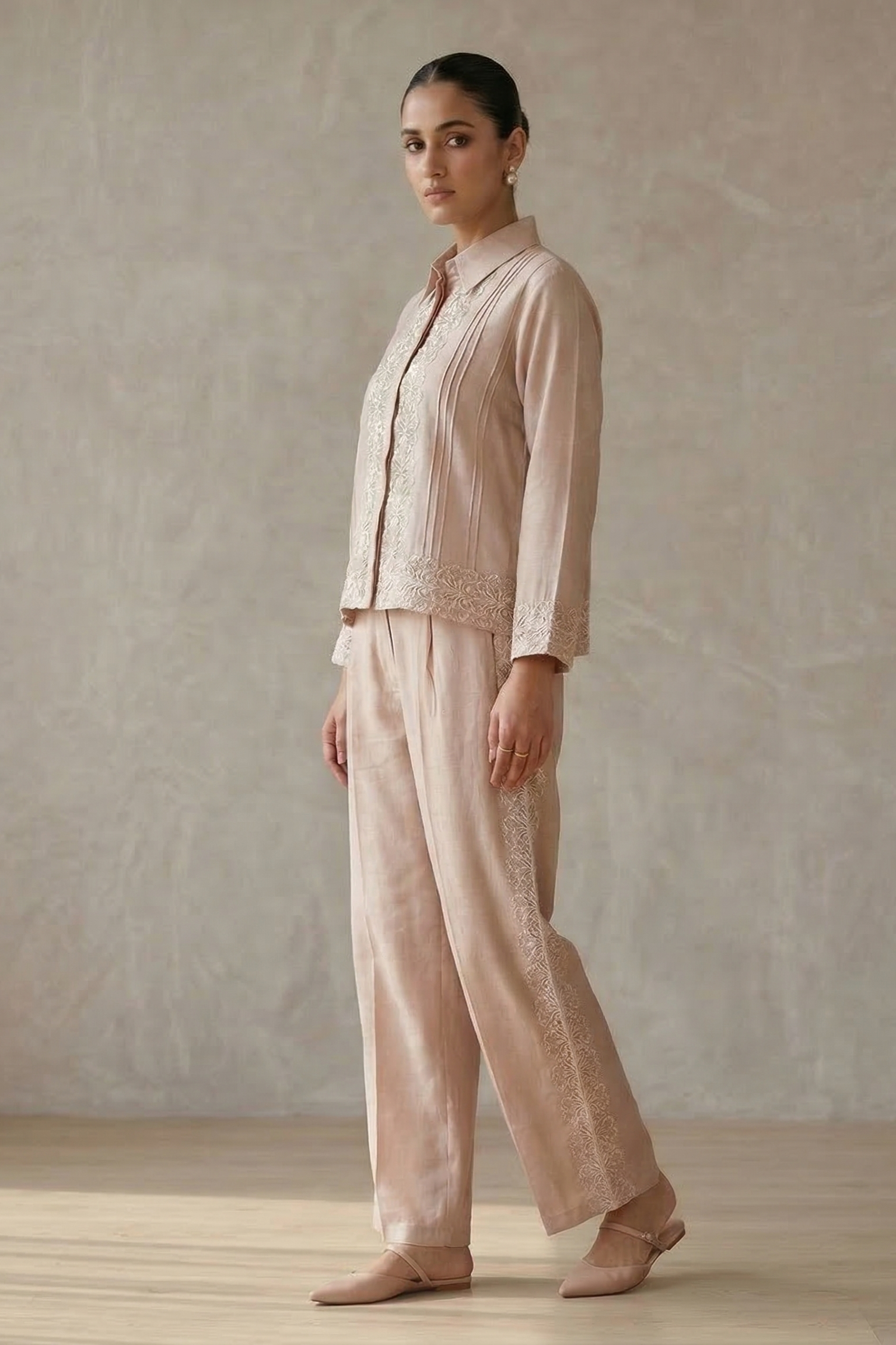 Nude Beige Embroidered Raw Silk Co-Ord Set