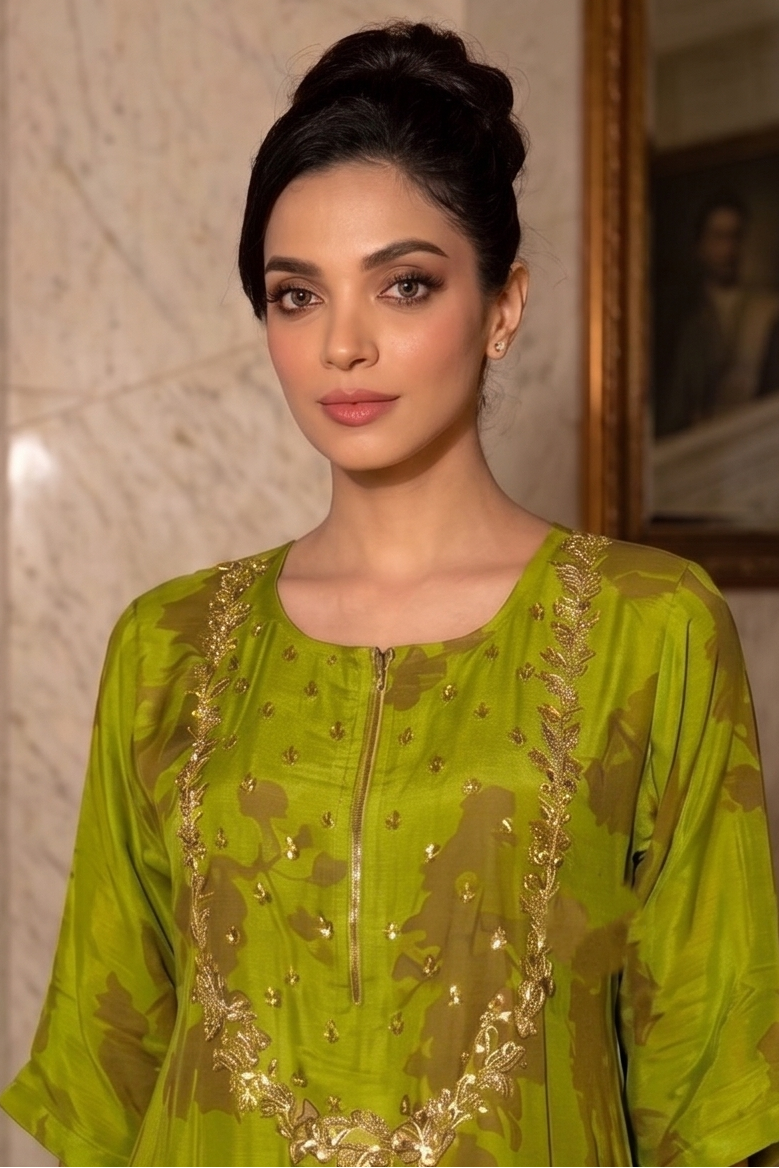 Olive Green Embellished Crepe Silk Co-Ord Set