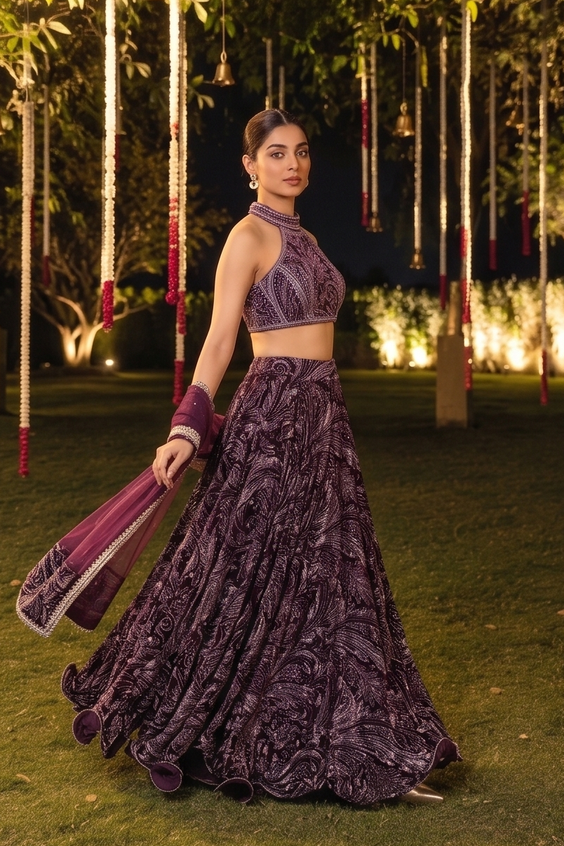 Deep Wine Embellished Velvet Silk Lehenga Set