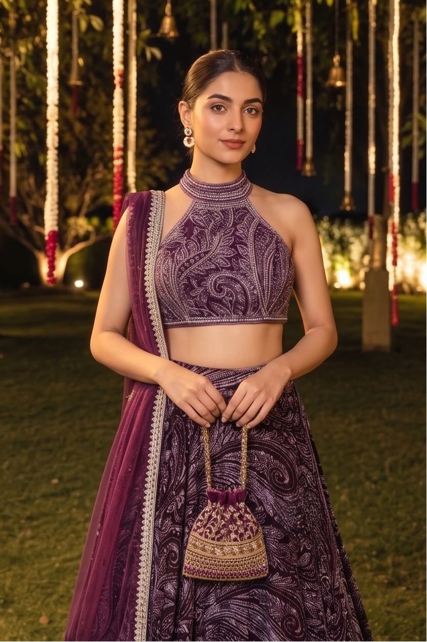 Deep Wine Embellished Velvet Silk Lehenga Set