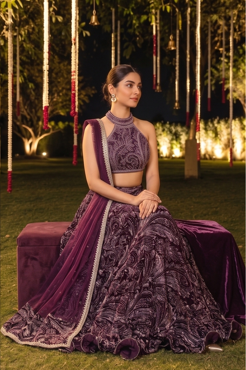 Deep Wine Embellished Velvet Silk Lehenga Set