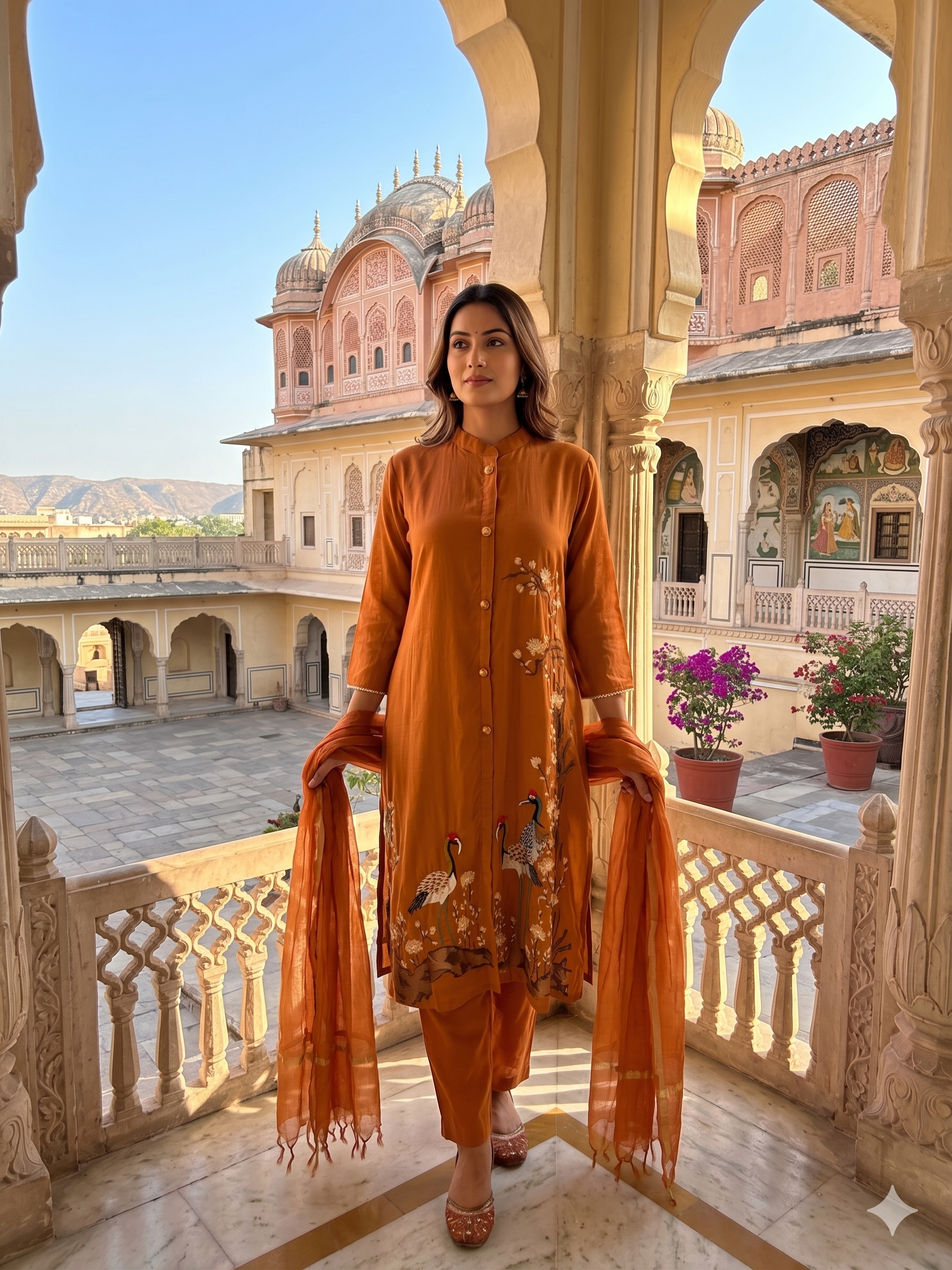 Rust Fauna Embroidered Mul-Chanderi Pant Set