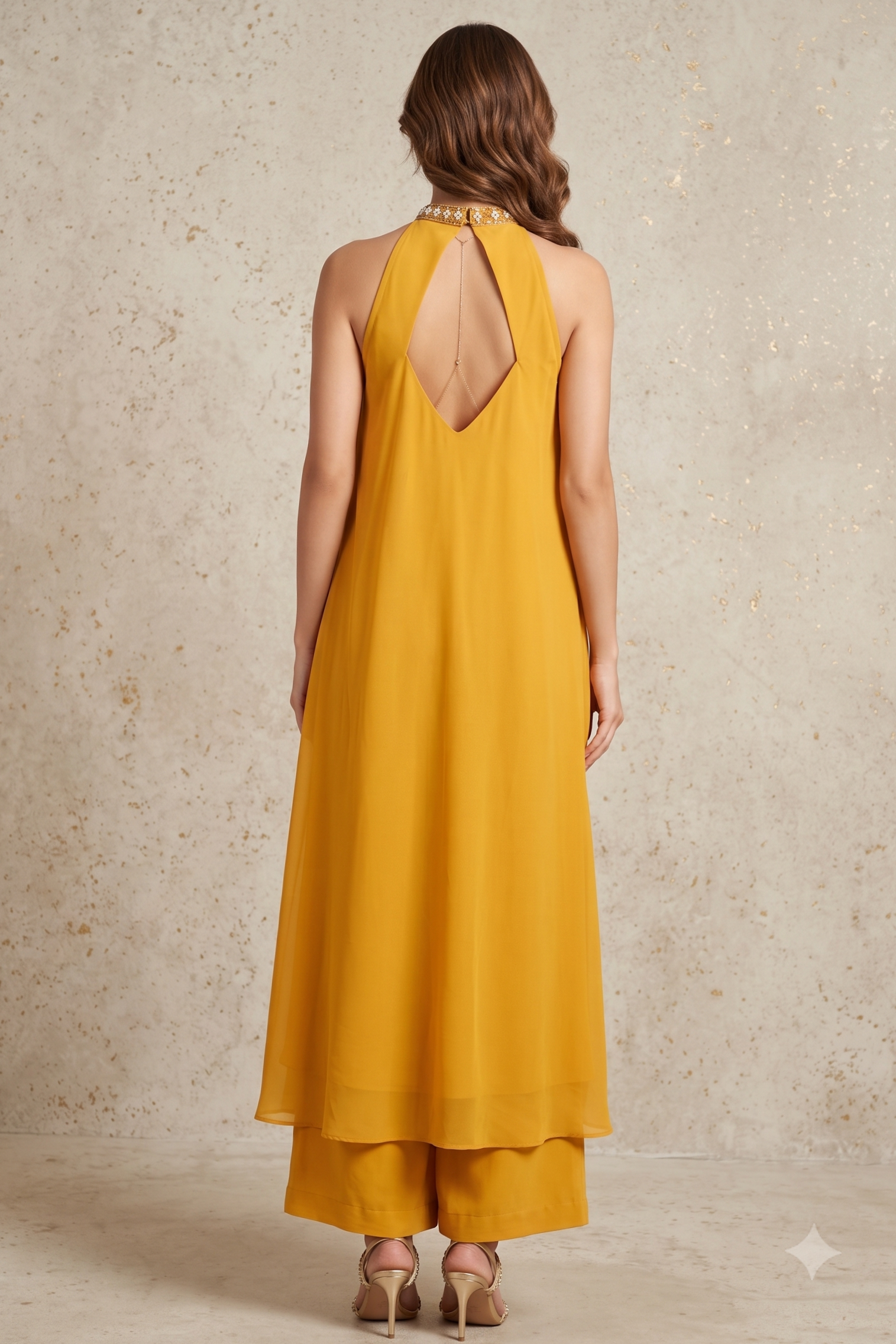 Mustard Yellow Embellished Georgette Silk Palazzo Set