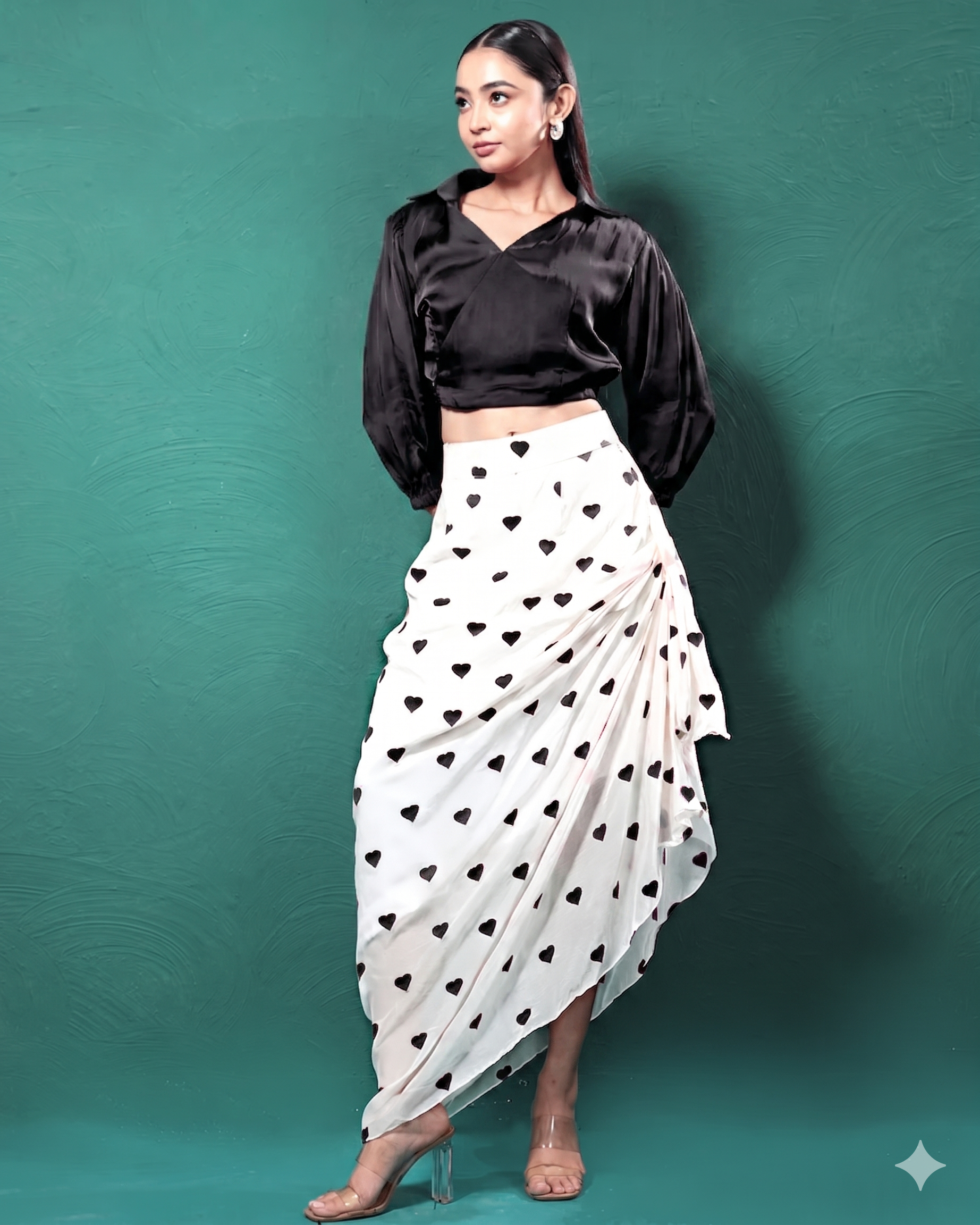 Gentle Black Pure Hearts Printed Crop Top & Skirt