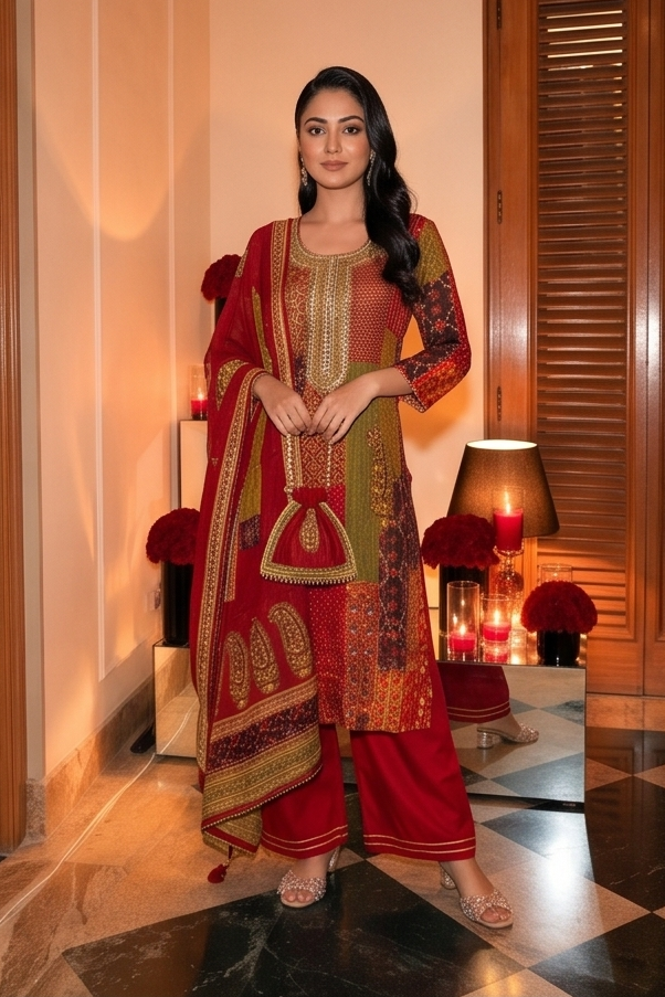 Vibrant Crimson Red Embellished Muslin Silk Pant Set
