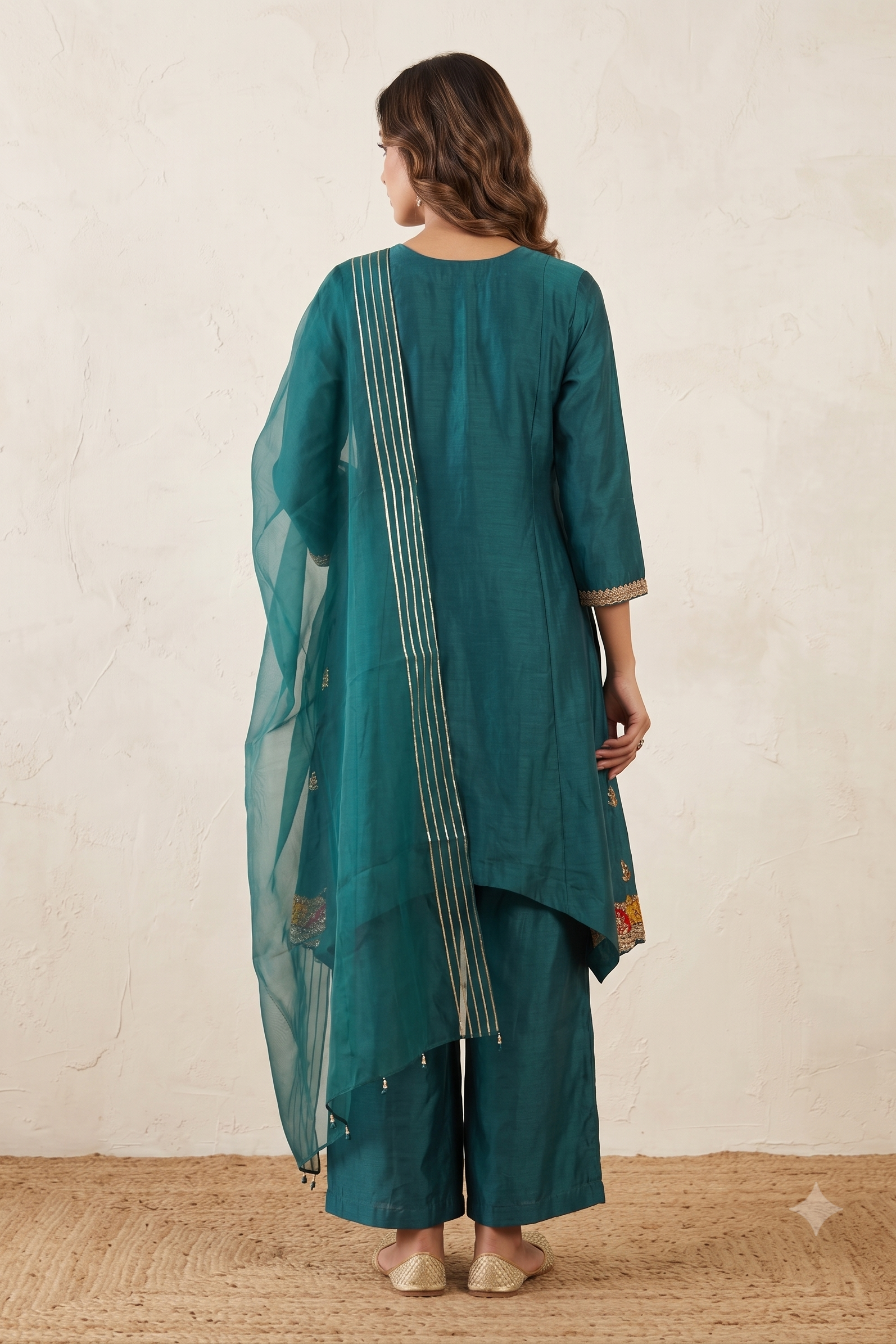 Teal Majesty Embellished Raw Silk Pant Set