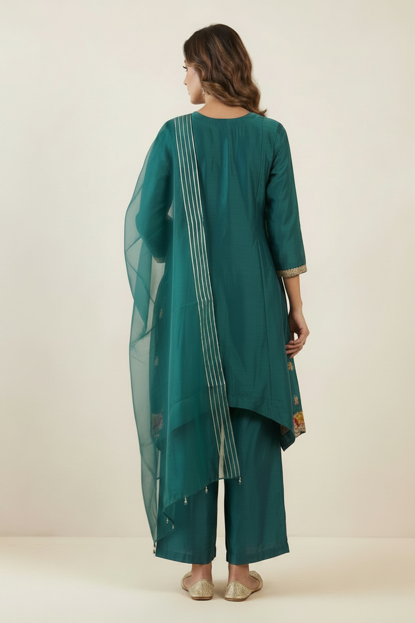 Teal Majesty Embellished Raw Silk Pant Set