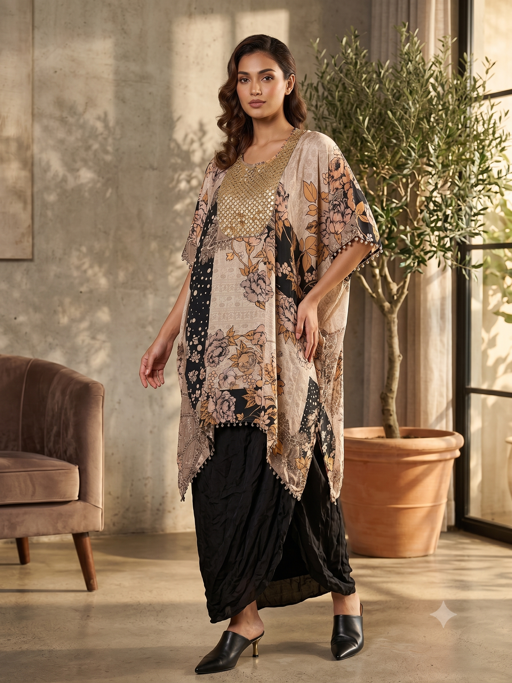 Black Embellished Crepe Silk Skirt Set