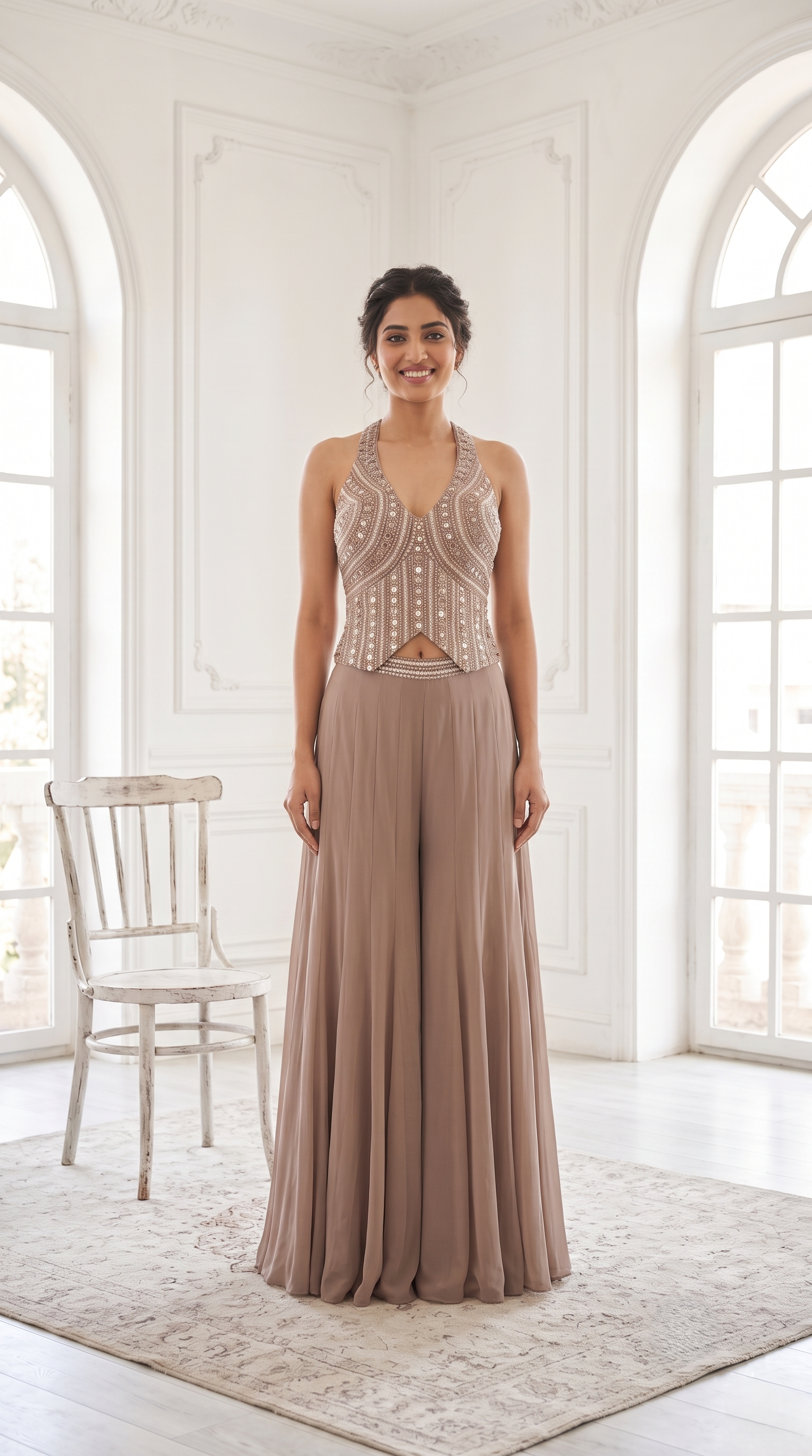 Soft Taupe Embellished Premium Georgette Palazzo Set