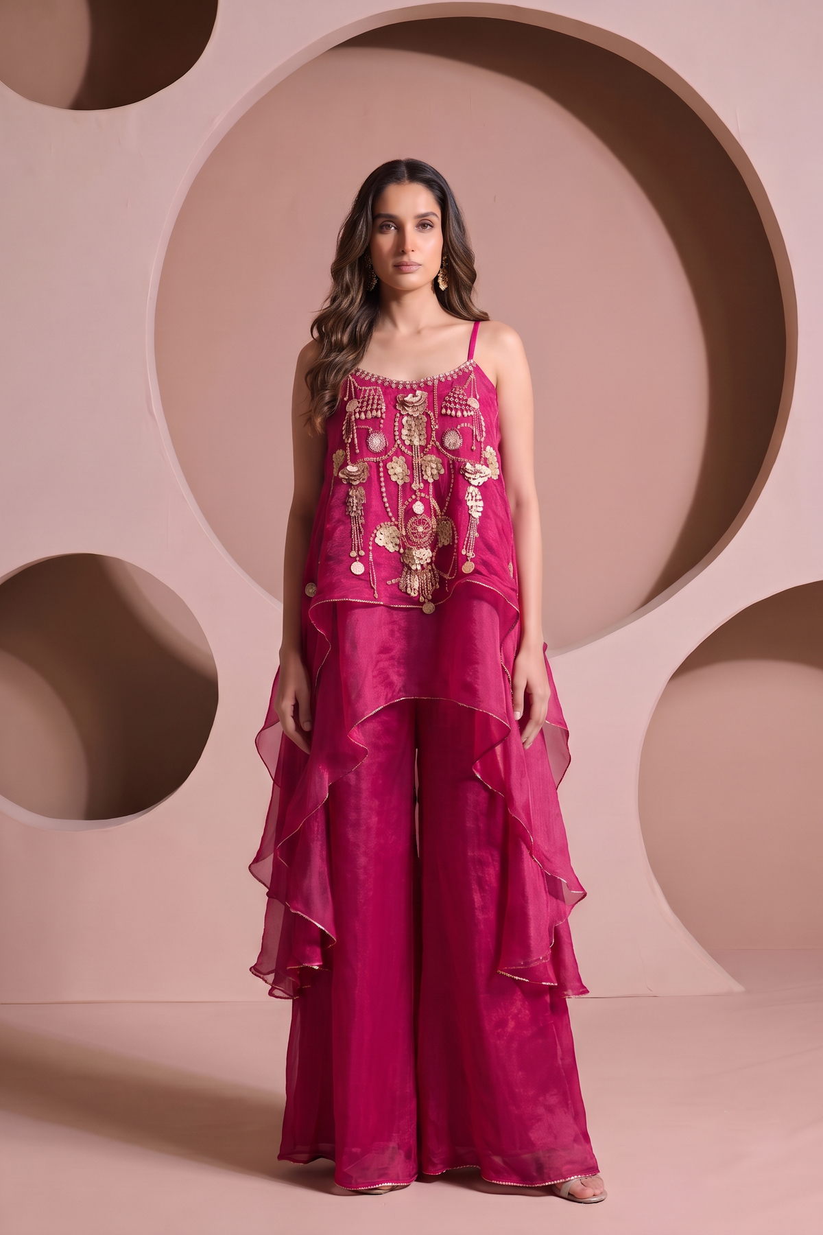 Hot Pink Embellished Crepe Silk Palazzo Set