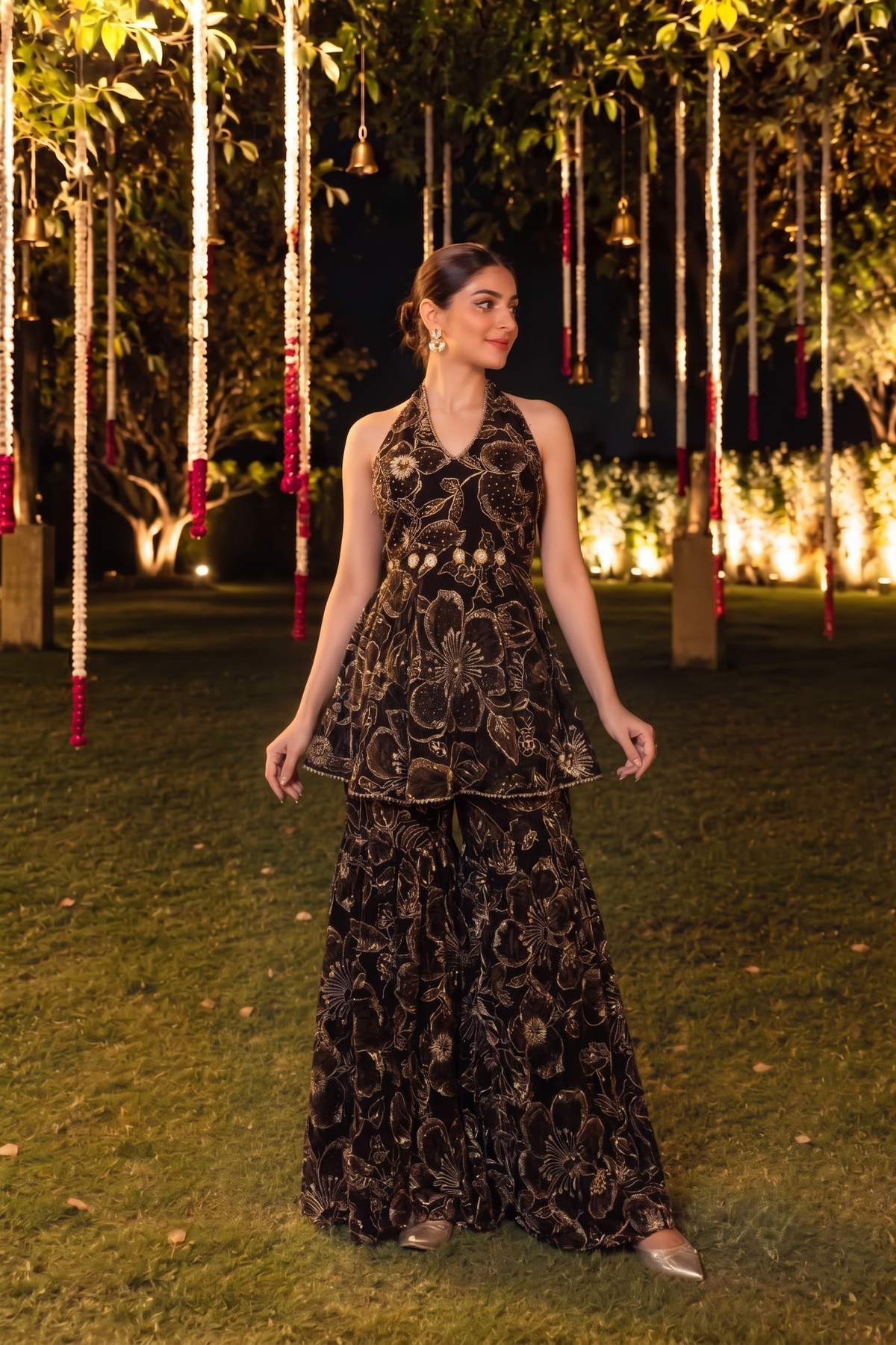 Jet Black Embellished Georgette Silk Sharara Set