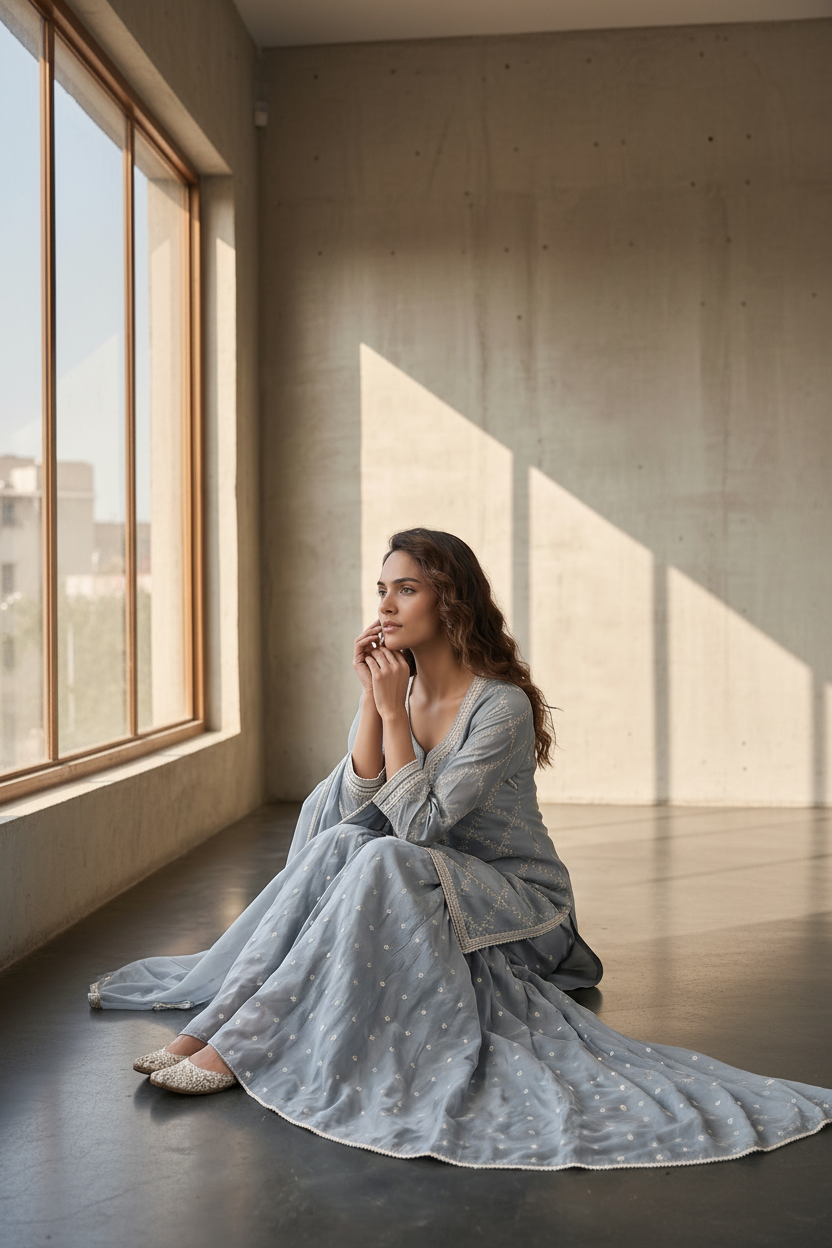 Slate Grey Embroidered Mul-Chanderi Silk Suit Set