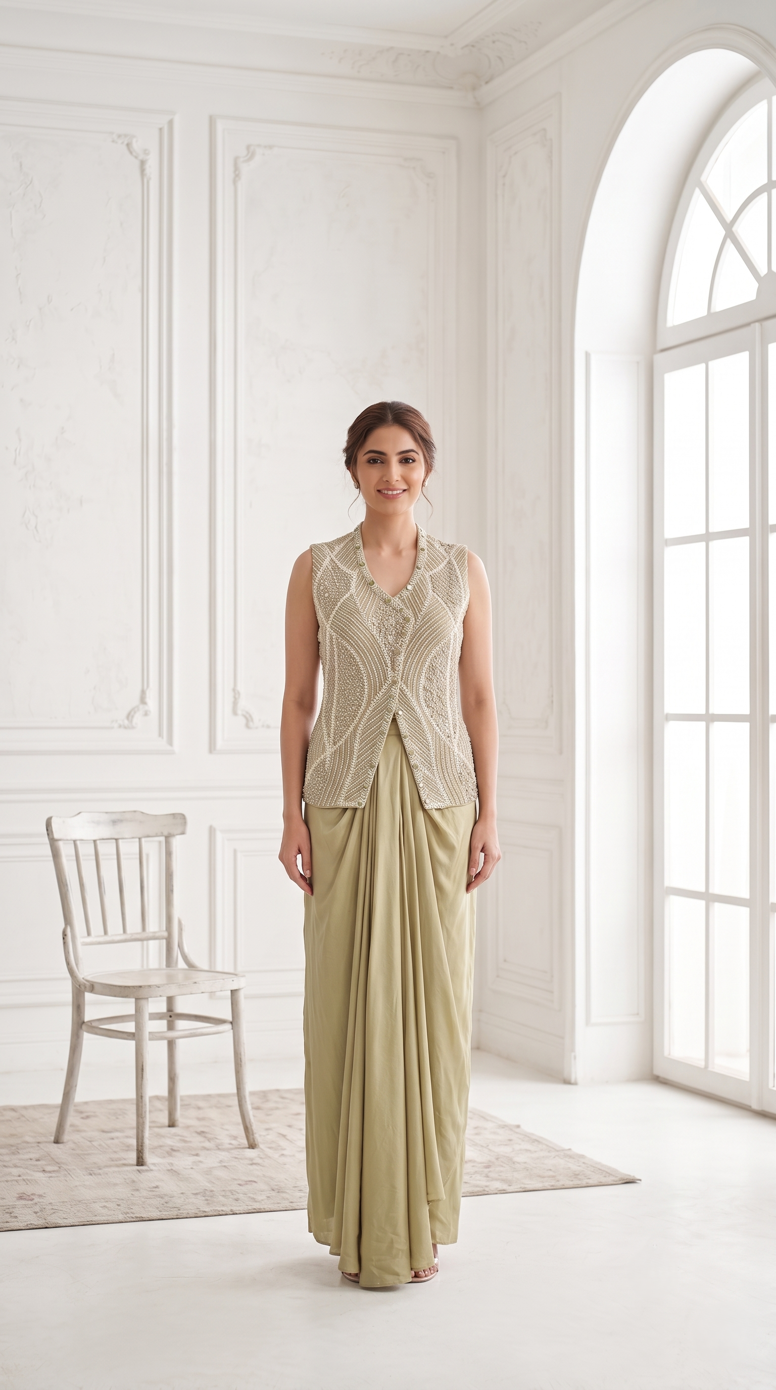 Royal Olive Embellished Crepe Silk Skirt Set