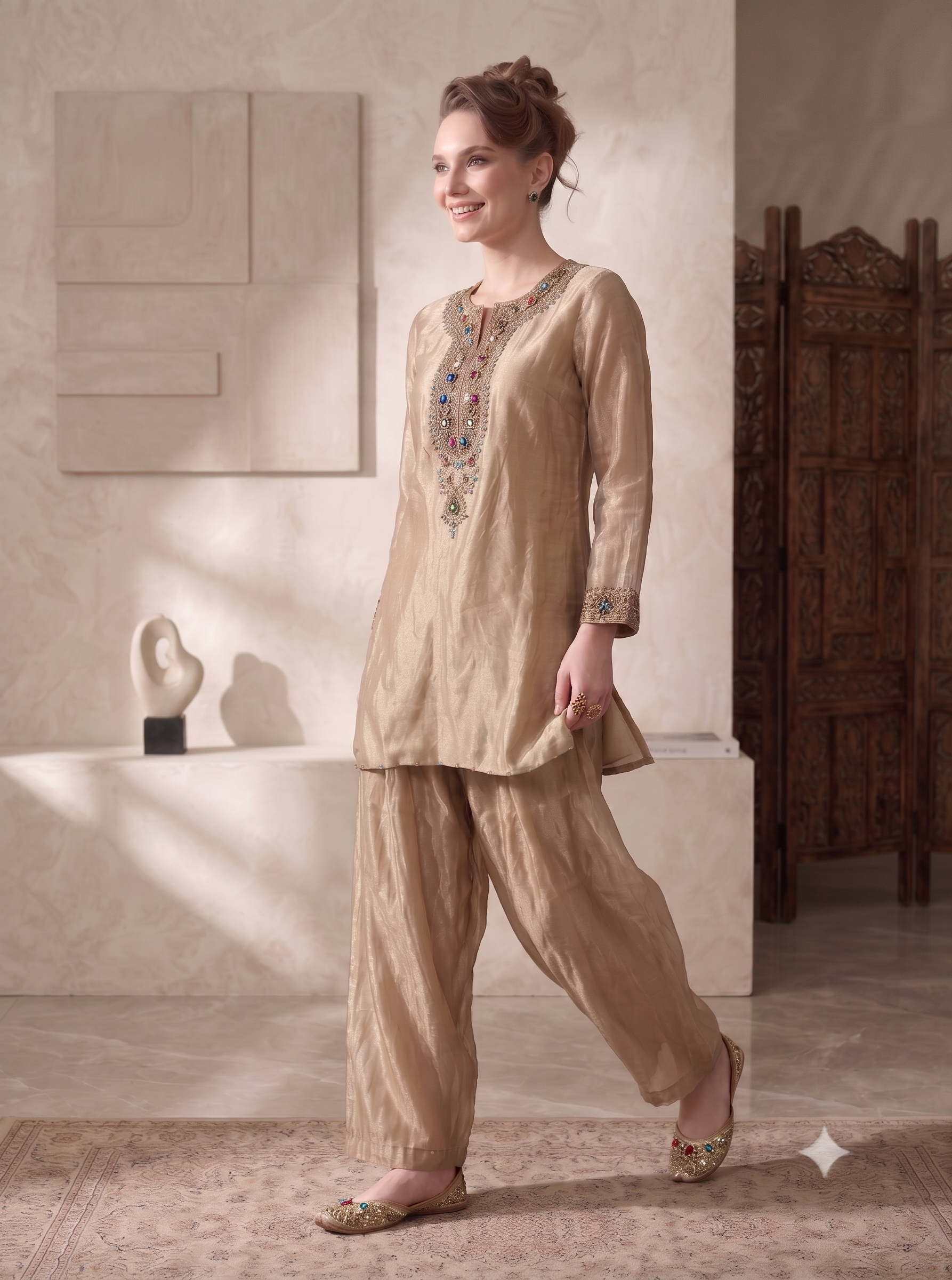 Sand Beige Embellished Shimmer Tissue Kurta Set