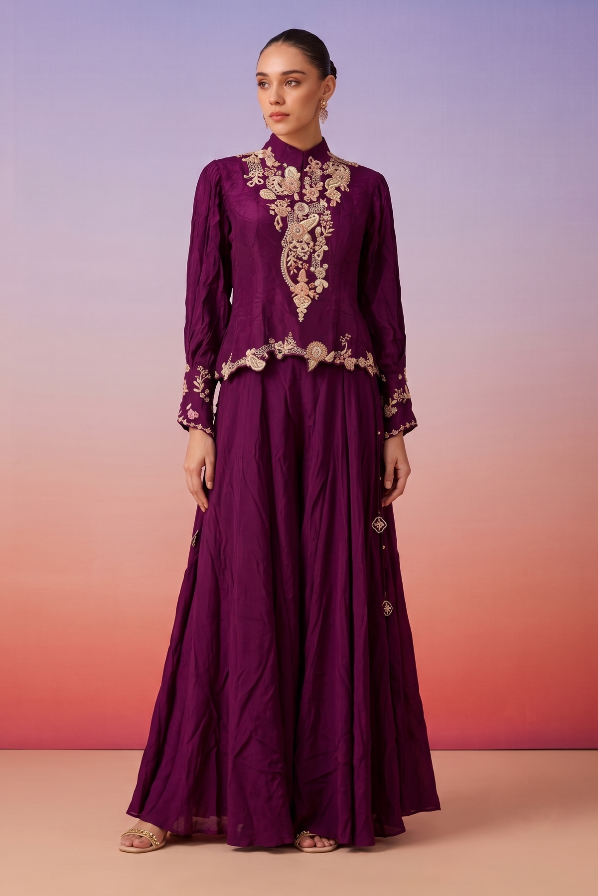 Regal Plum Embellished Crepe Satin Silk Palazzo Set