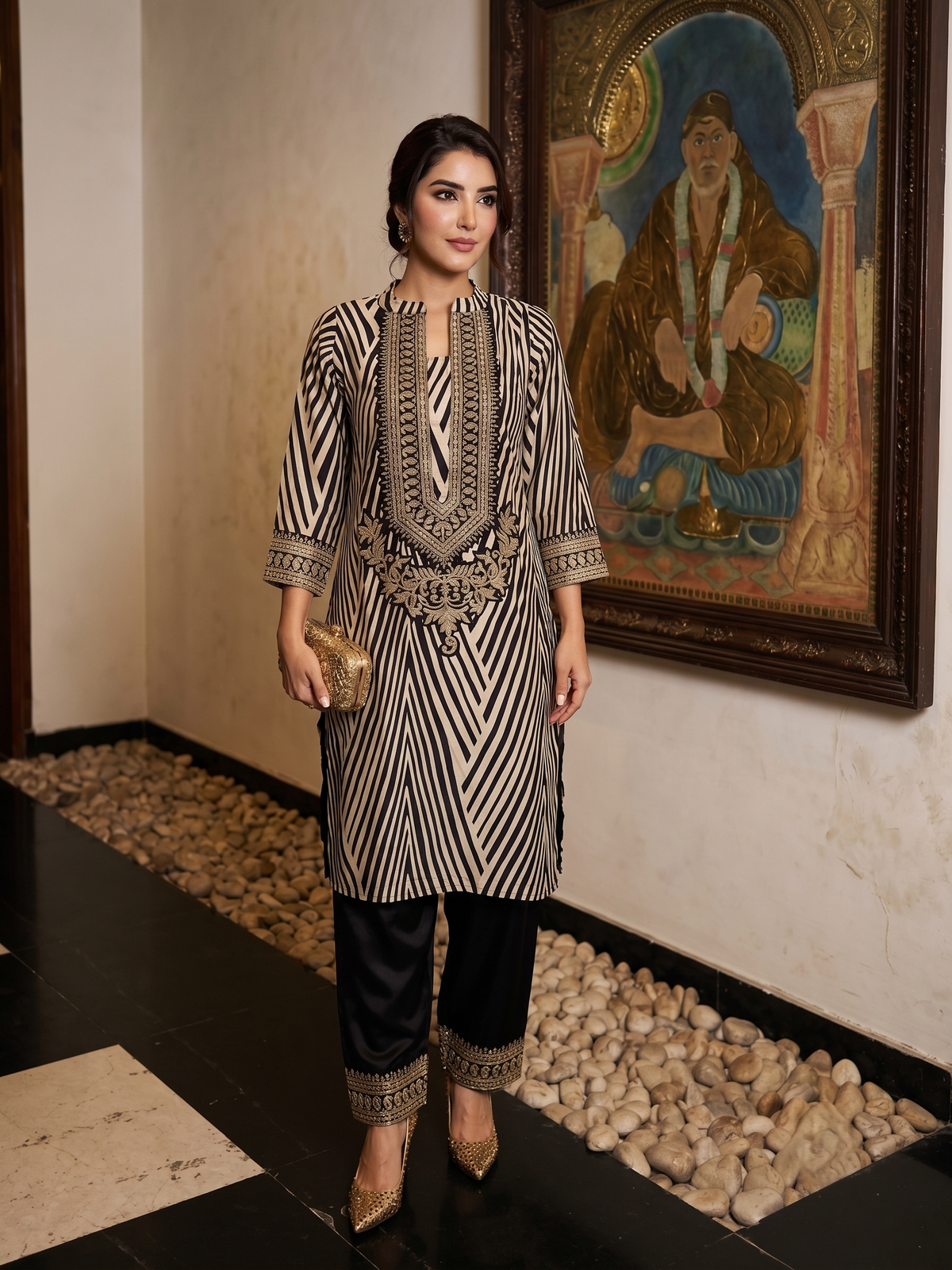Black and Cream Printed Crepe Silk Salwar Set