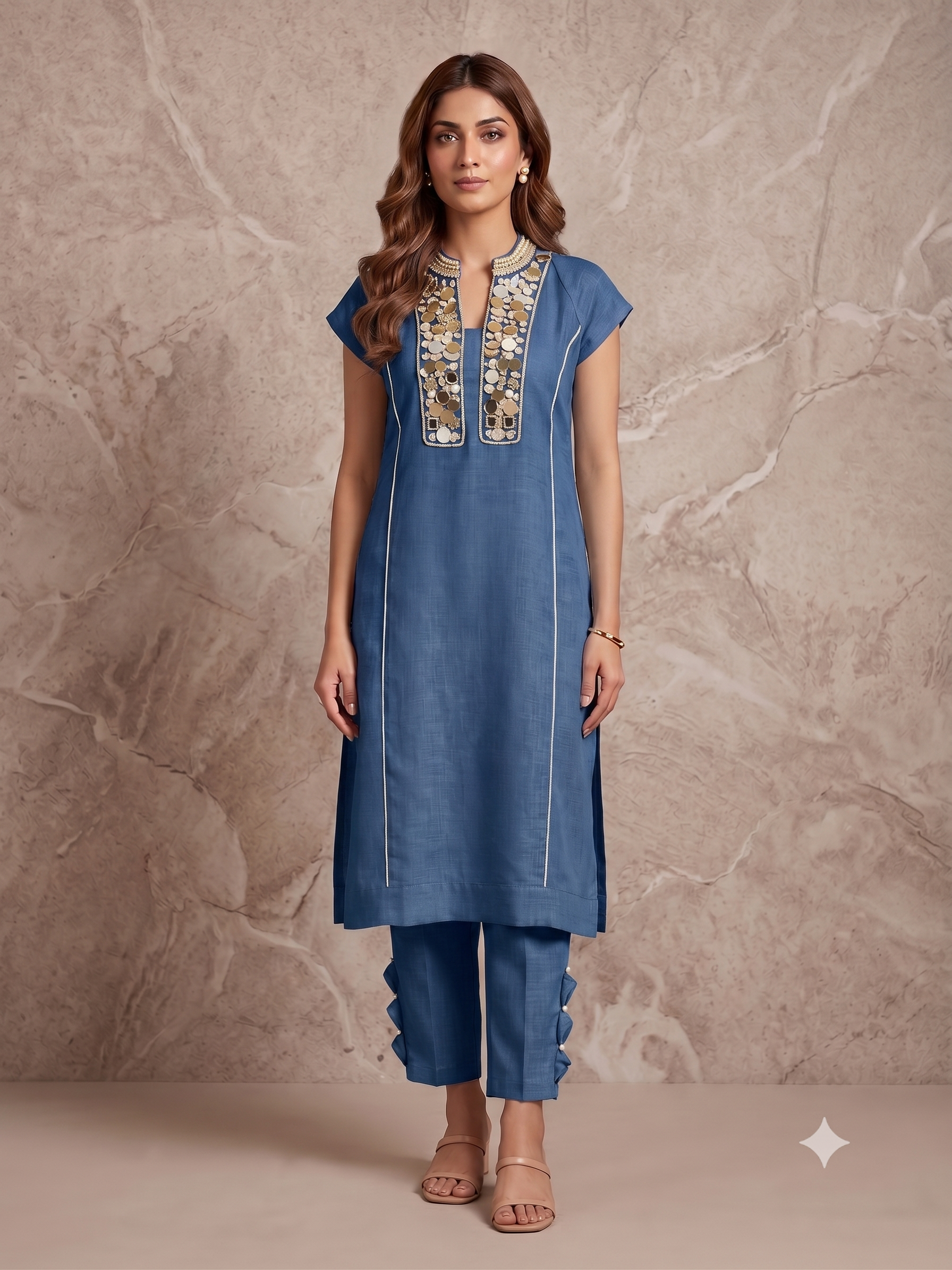 Denim Pearl Embellished Cotton Linen Pant Set