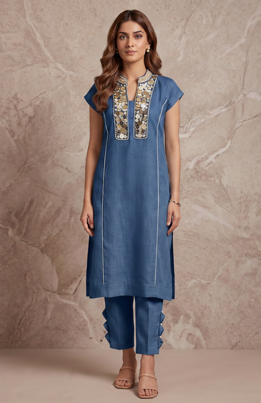 Denim Pearl Embellished Cotton Linen Pant Set