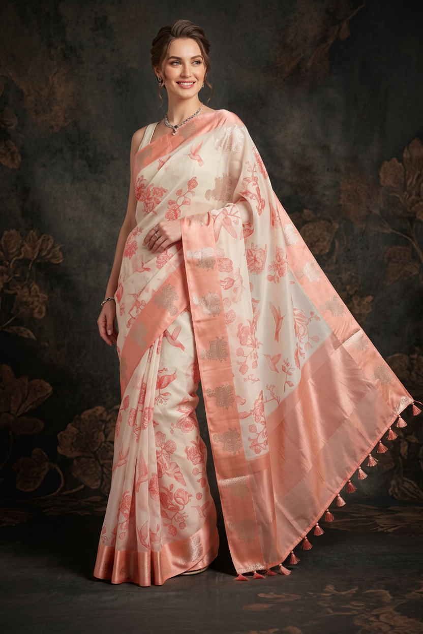 Coral Peach Printed Organza Silk Saree