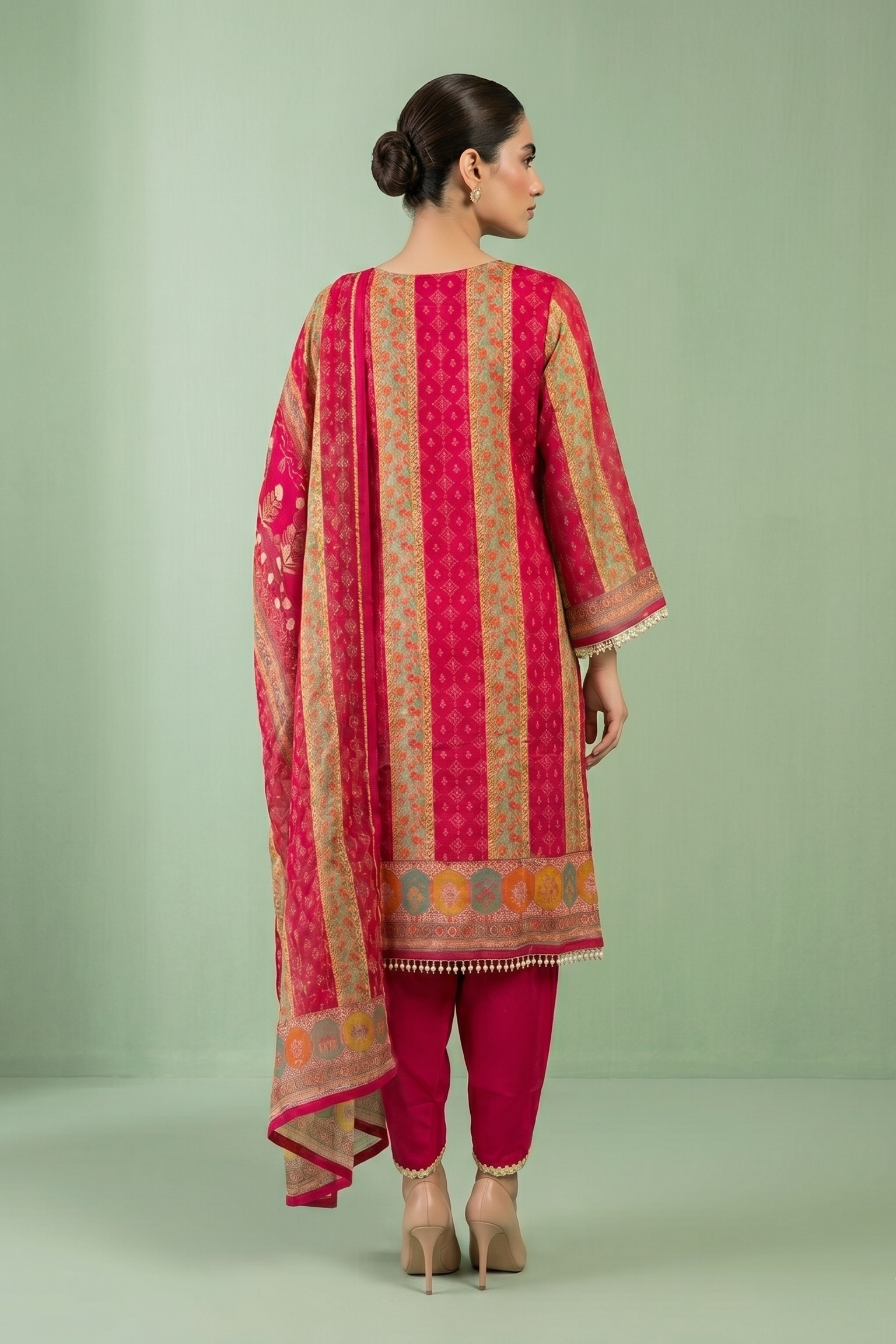 Gilded Crimson Printed Organza Silk Pant Set