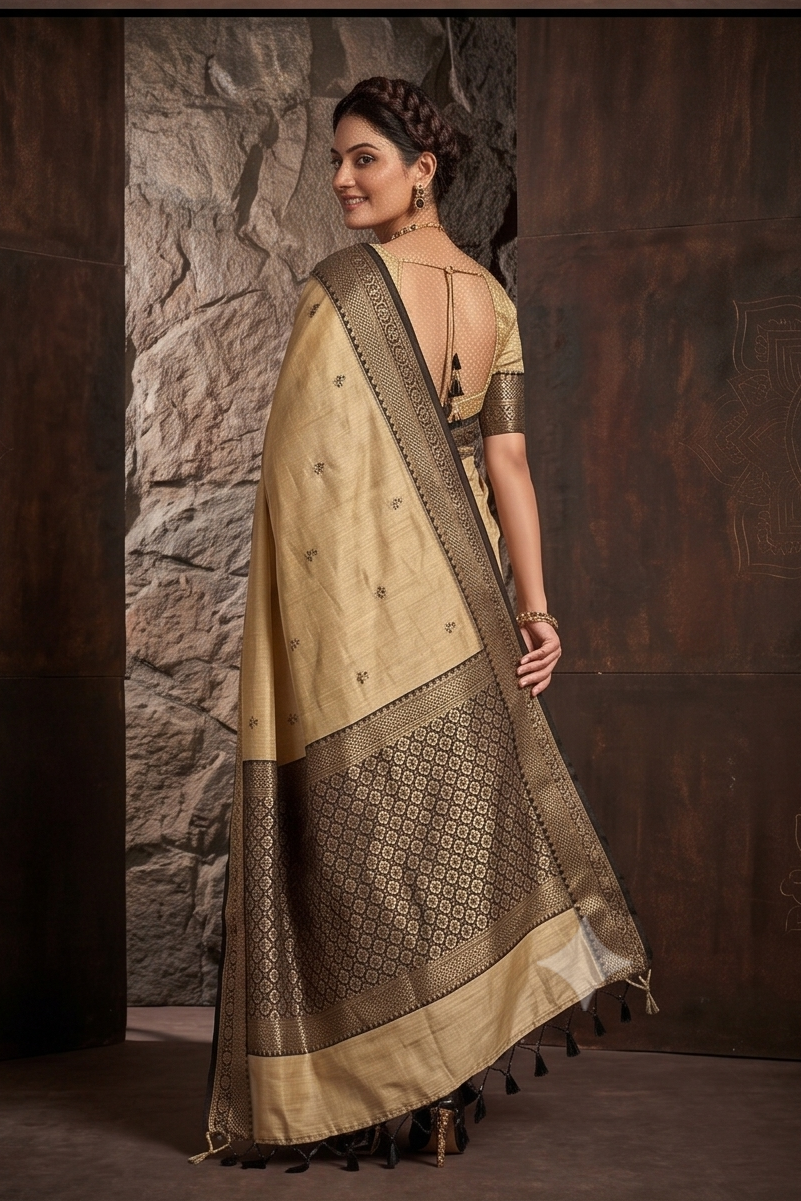 Olive Gold Zari Handloom Tussar Silk Saree