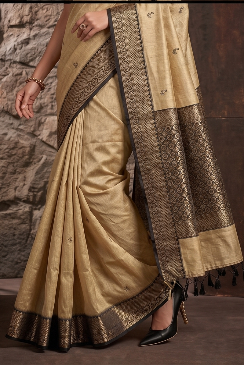 Olive Gold Zari Handloom Tussar Silk Saree