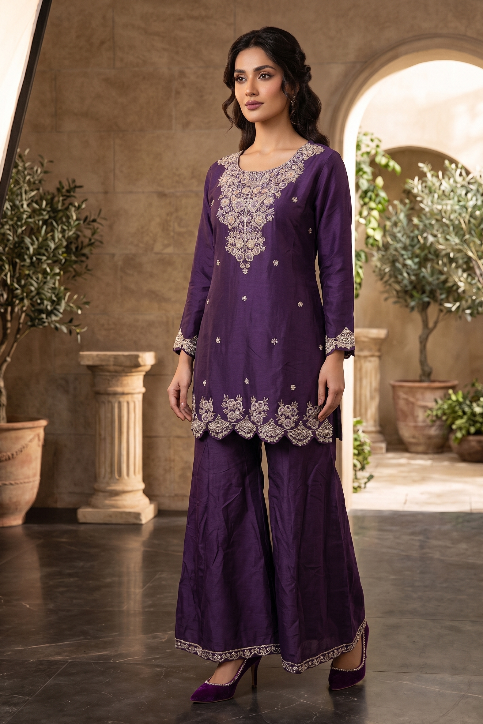 Deep Purple Embellished Raw Silk Palazzo Set