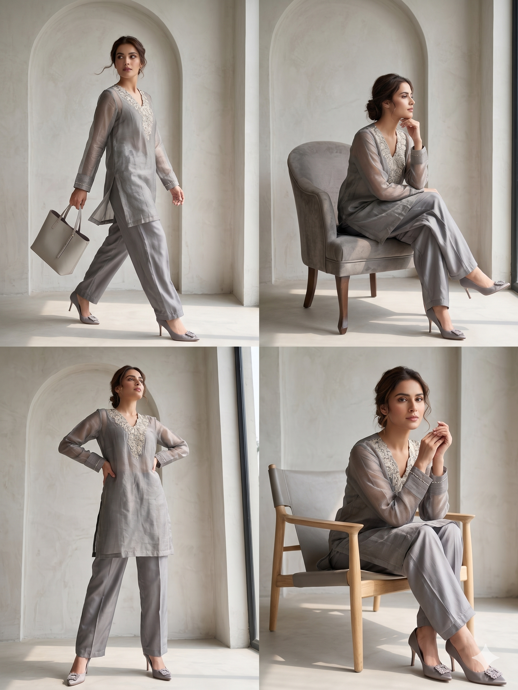 Metallic Silver Grey Shimmer Tissue Silk Co-Ord Set