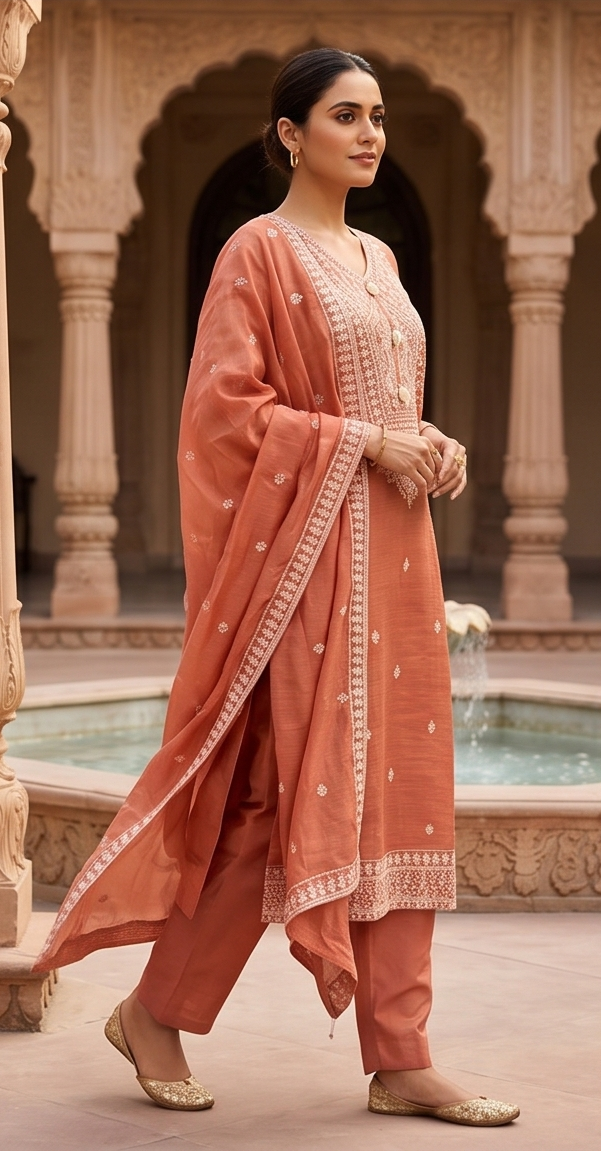 Apricot Embroidered Mul-Chanderi Silk Pant Set