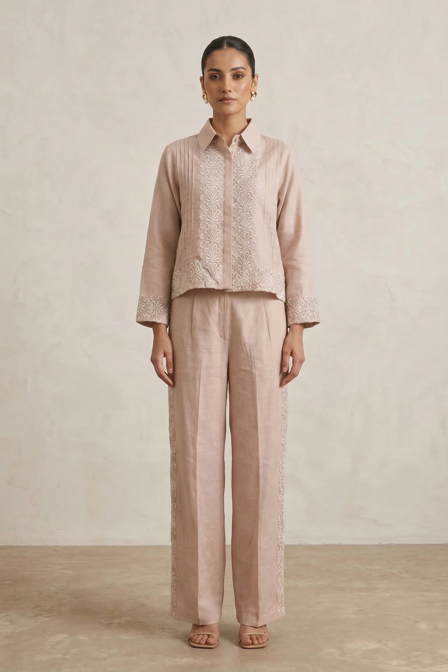 Nude Beige Embroidered Raw Silk Co-Ord Set