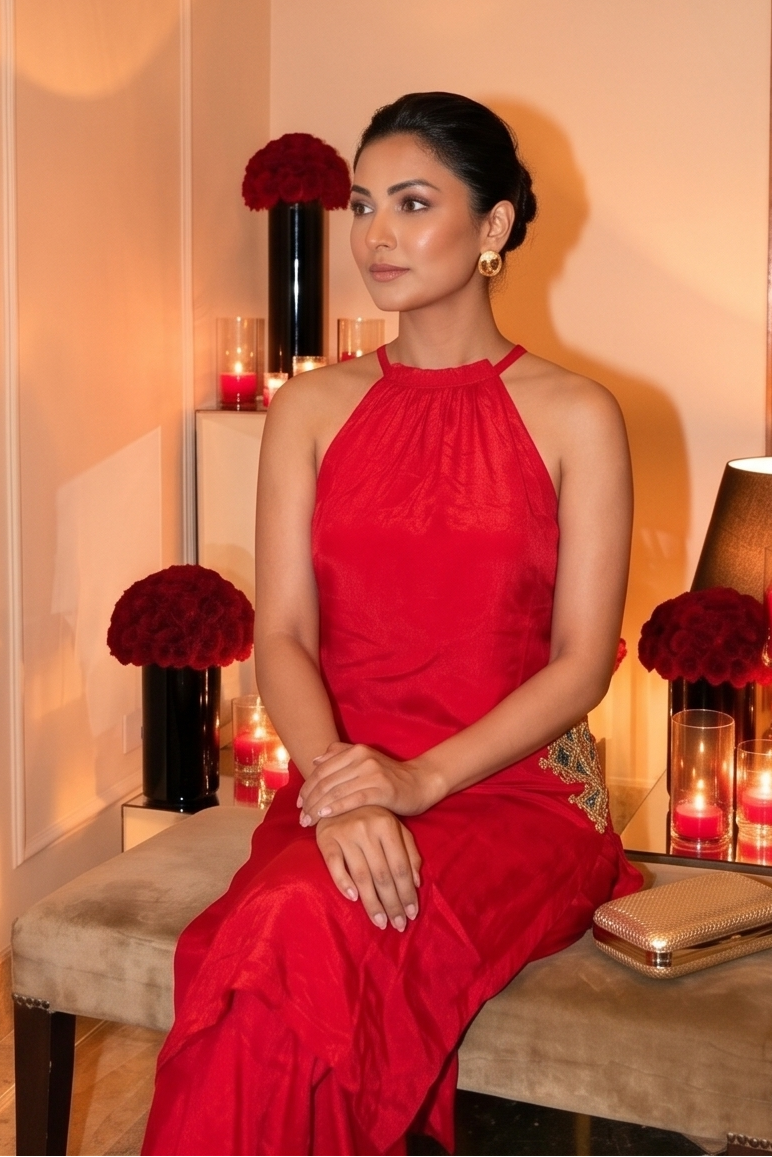 Red Scarlet Embellished Crepe Silk Palazzo Set