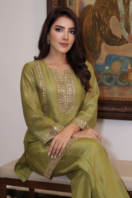 Metallic Moss Green Embellished Tissue Silk Palazzo Set