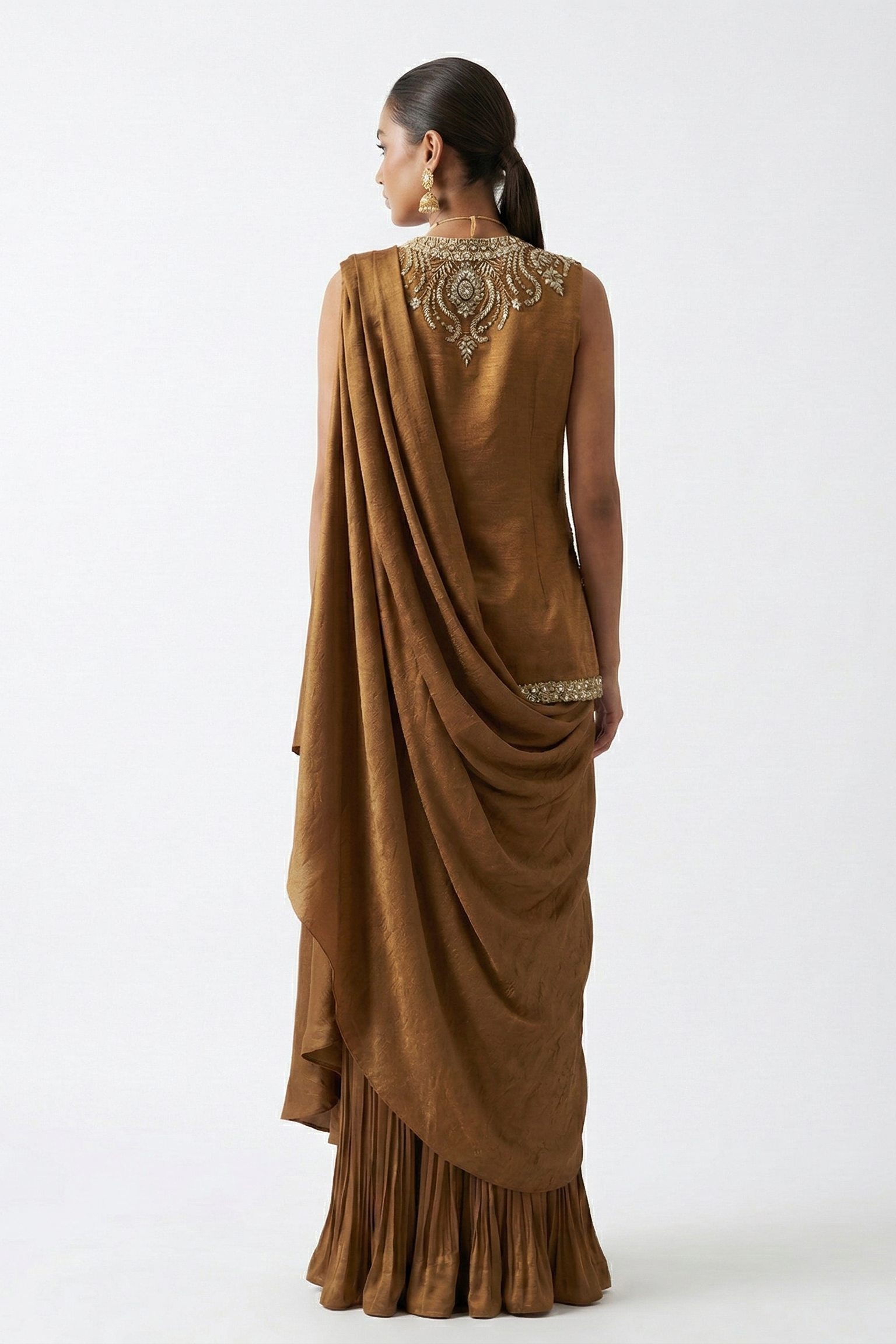 Sepia Brown Embellished Habutai Silk Skirt Set