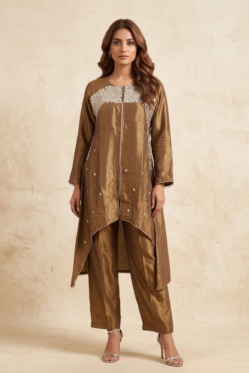 Golden Brown Embellished Chanderi Silk Kurta Set