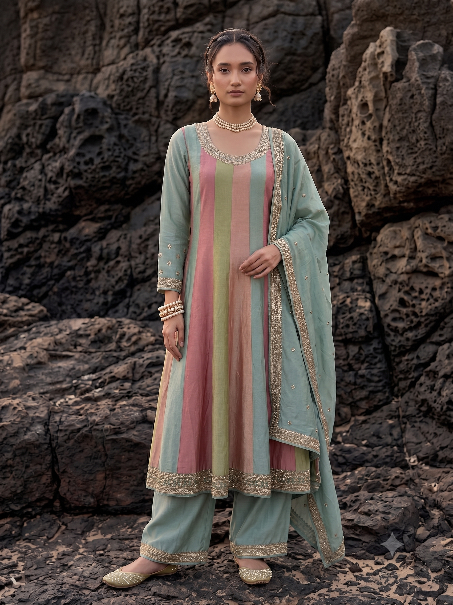 Pastel Prism Embellished Shimmer Tissue Silk Anarkali Set